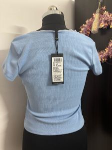 Baby Blue Ribbed Top with Lace Trim