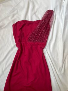 Red One-Shoulder Beaded Maxi Dress