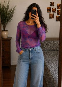 Purple Mesh Print Long Sleeve Top