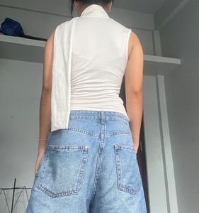 Sleek White Halter Neck Top with Scarf Detail