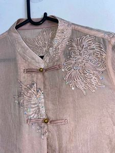 Sheer Embellished Mandarin Collar shirt