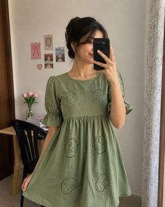 Olive Green Embroidered Mini Dress