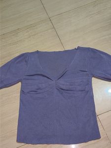 Purple V-Neck Ruched Knit Top