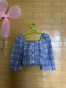 Blue Plaid Square Neck Crop Top