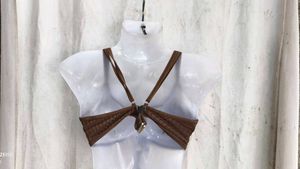 Brown Ribbed Lace-Up Bikini Top