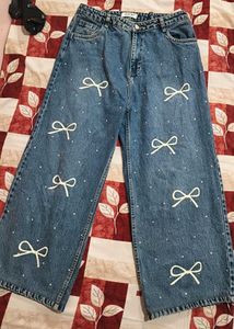 Cute Bow & Pearl Embellished Wide Leg Jeans