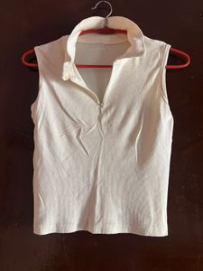 Cream Ribbed Zip Polo Tank Top