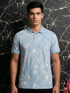 Stylish Men's Blue Bamboo Print Polo T-Shirt