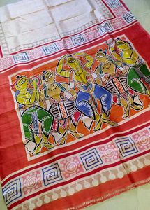 Brand New Cream &amp; Red Hand-Painted Saree