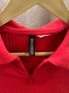 Red Ribbed Polo Collar Mini Dress