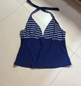 Navy Blue Striped Halter Neck Tankini Top