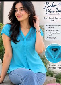 Bebe Blue Top with Mesh Detail