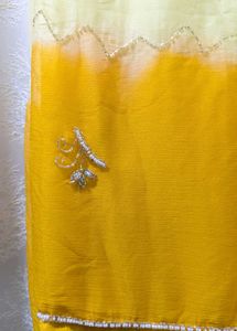 Unused Pink&amp; Yellow Ombre Chiffon Handwork Saree