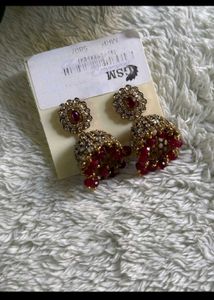 Elegant Gold-Tone &amp; Ruby Jhumka Earrings