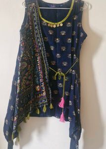 Boho chic Navy Blue Printed Asymmetric Kurti