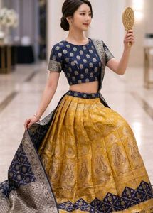 Yellow  &amp; blue Lehenga Choli with stiched Blouse