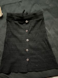 Black Ribbed Button-Front Mini Skirt
