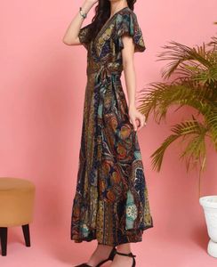 Paisley Print V-Neck Wrap A line dress