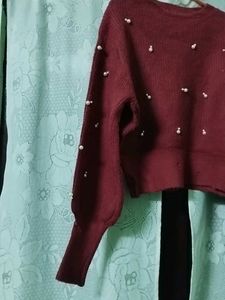 Pearl Embellished Maroon Sweater