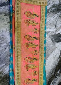 Beautiful Pink &amp; Teal Saree with Embroidery