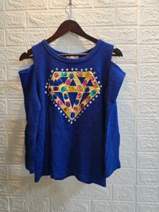 Blue Cold Shoulder Top with Diamond Embellishment