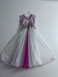 Elegant White &amp; Pink Embroidered Gown