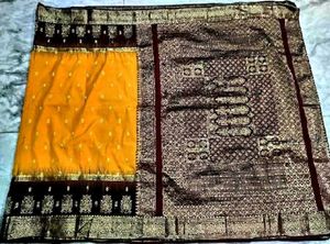 Mustard yellow Meroon pure Kanjeevaram silk sari