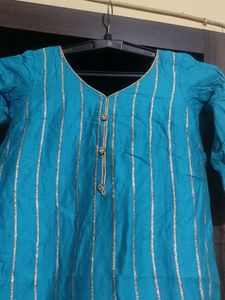 Teal Kurta Set with Silver Stripes