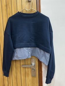 Navy Blue Cropped Sweatshirt with Gingham Detail