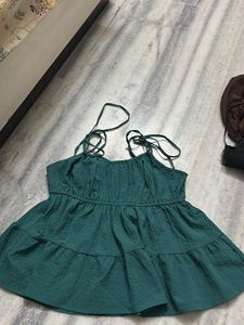 Chic Teal Tie-Strap Tiered Top