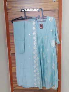 Sky Blue Chanderi Silk Kurta Set with Cutwork Dupa
