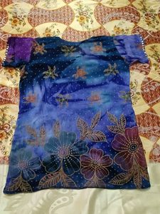 Blue Batik Kurta with Floral Embellishments