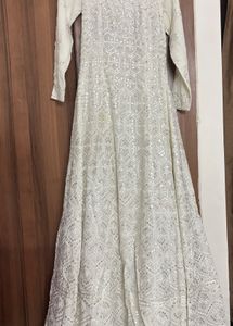 White Party Wear Anarkali Gown &amp; Dupatta