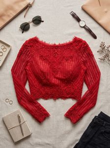 Red Lace Trim Long Sleeve Crop Top