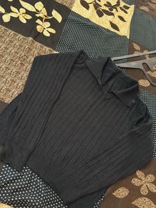 Black Ribbed Knit Collared Sweater