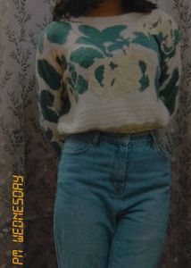 Off White Sweater With Green Leafy Prints