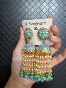 Elegant Grey &amp; Mint Jhumka Earrings