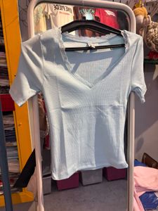 Light Blue Lace Trim V-Neck Top