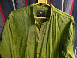 Olive Green Band Collar Shirt Men