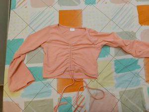 Ruched Pink Bell Sleeve Crop Top