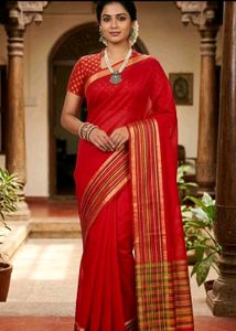 Red Saree with Golden Border and Polka dots Blouse