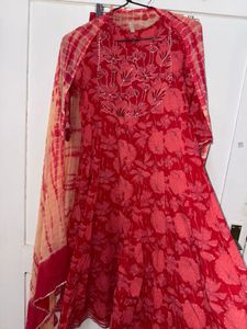 Red Floral Anarkali with Dupatta