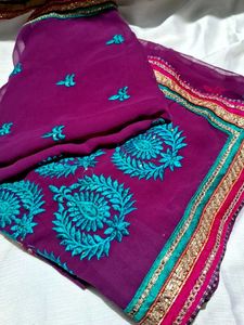 Purple Embroidered Silk Saree