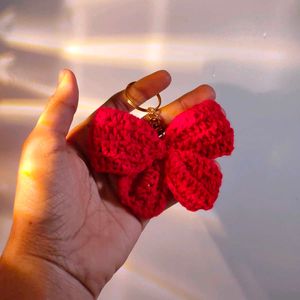 Crocheted Red Bow Keychain