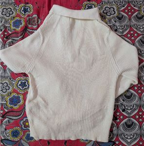 Cream Ribbed Collared Sweater