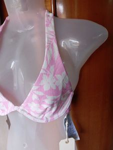 Pink Leaf Print Halter Bikini Top