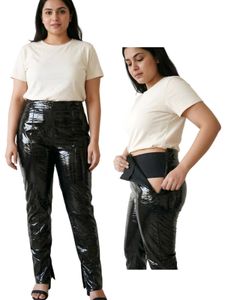 Shiny Black Split Hem Pants Size L