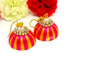 Gold And Pink Silk Thread Earring