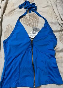 Stylish Blue Halter Neck Zip Top