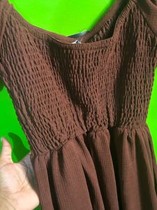 Stylish Brown Smocked Puff Sleeve Dress